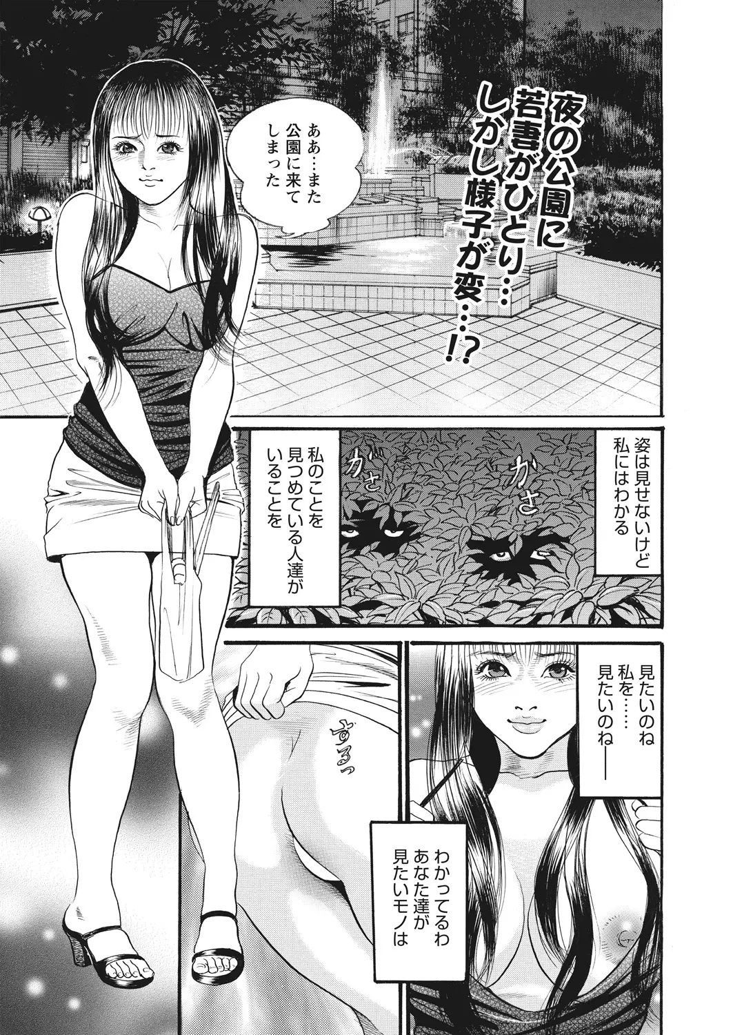 のぞきのメッカとなっている公園に夜遅くにやってきた欲求不満な巨乳若妻がオナニーを始め見せつけていたら、一人の男に襲われさらにわらわらと集まってきたのぞき魔たちに集団レイプされて快楽に落ちていく！