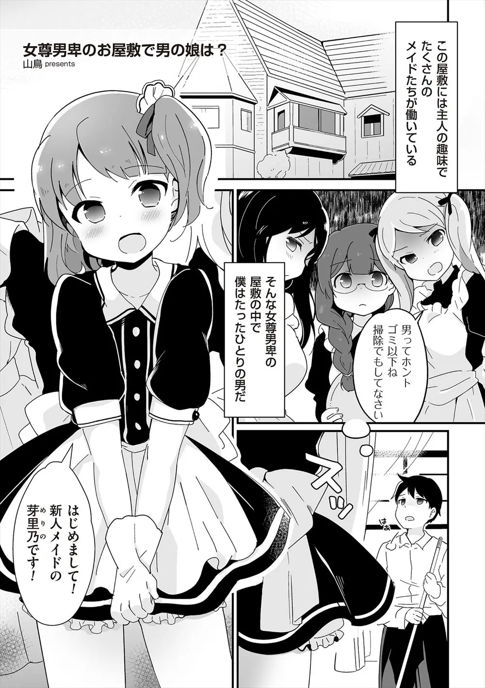 女尊男卑のお屋敷で働いている少年がメイドとして働き始めた美少女男の娘にちんこをしごかれ誘惑されはじめてホモセックスしてしまう！